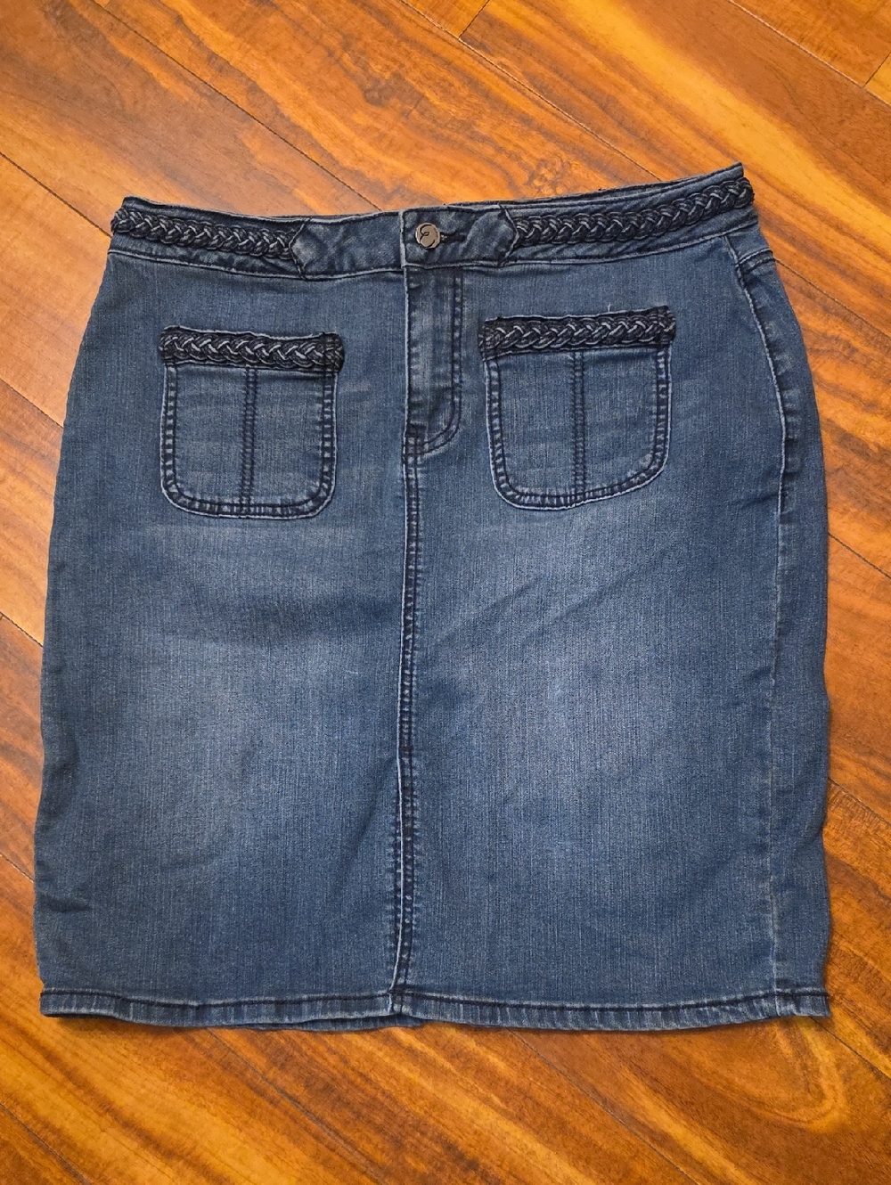 Earl Jeans Braided Waist Denim Pencil Skirt - Blue